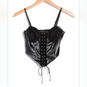 NWT ASOS Lace Cup Faux Leather Corset Crop Top Black Velvet Tie The Matrix US 6